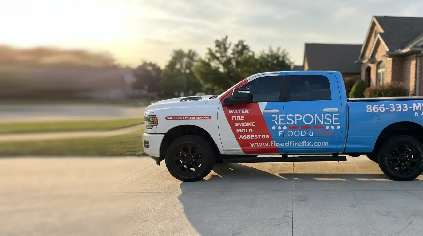 Response Flood & Fire pickup truck parked beside a brick house, water and fire damage restoration in Southeast Michigan