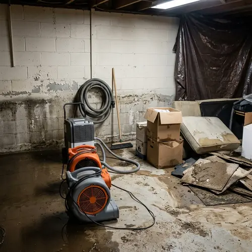 Flooded block-wall basement with mud on the floor, air movers, water and fire damage restoration in Southeast Michigan