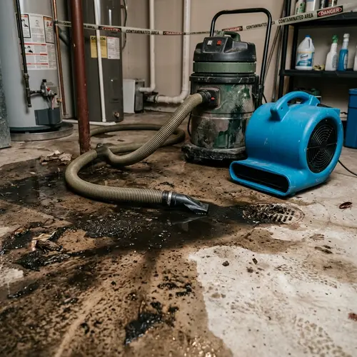 Basement floor drain with sewage residue, a wet vacuum, water and fire damage restoration in Southeast Michigan