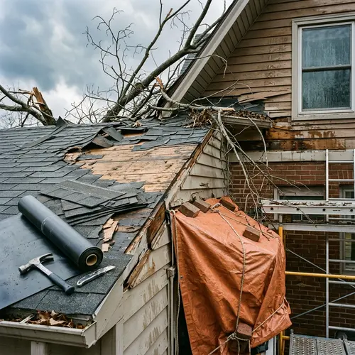 Fallen tree limb on torn shingles,, water and fire damage restoration in Southeast Michigan