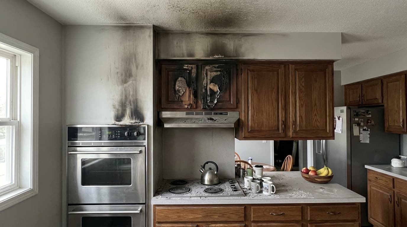 Kitchen cabinets and range hood darkened by smoke after a cooking fire