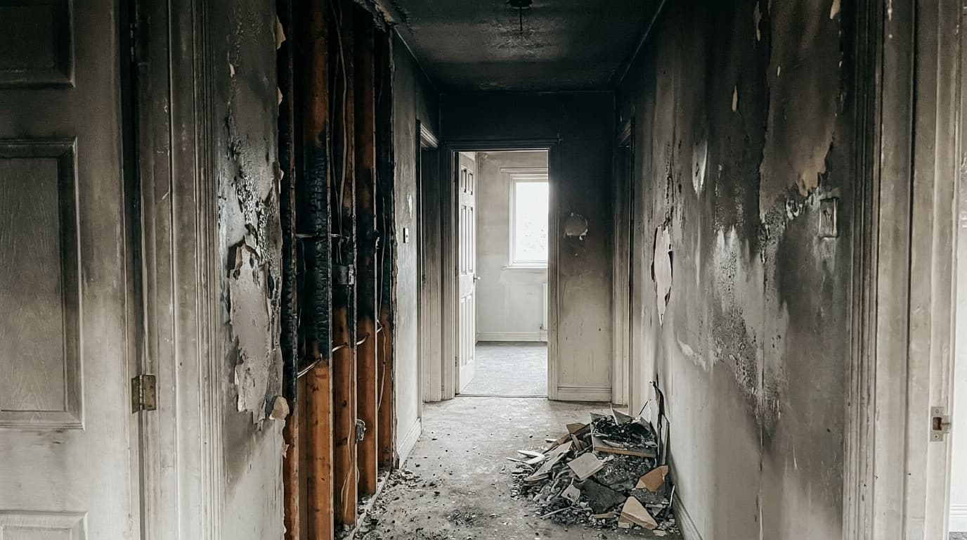 Fire and smoke damage inside a Southeast Michigan home before cleanup